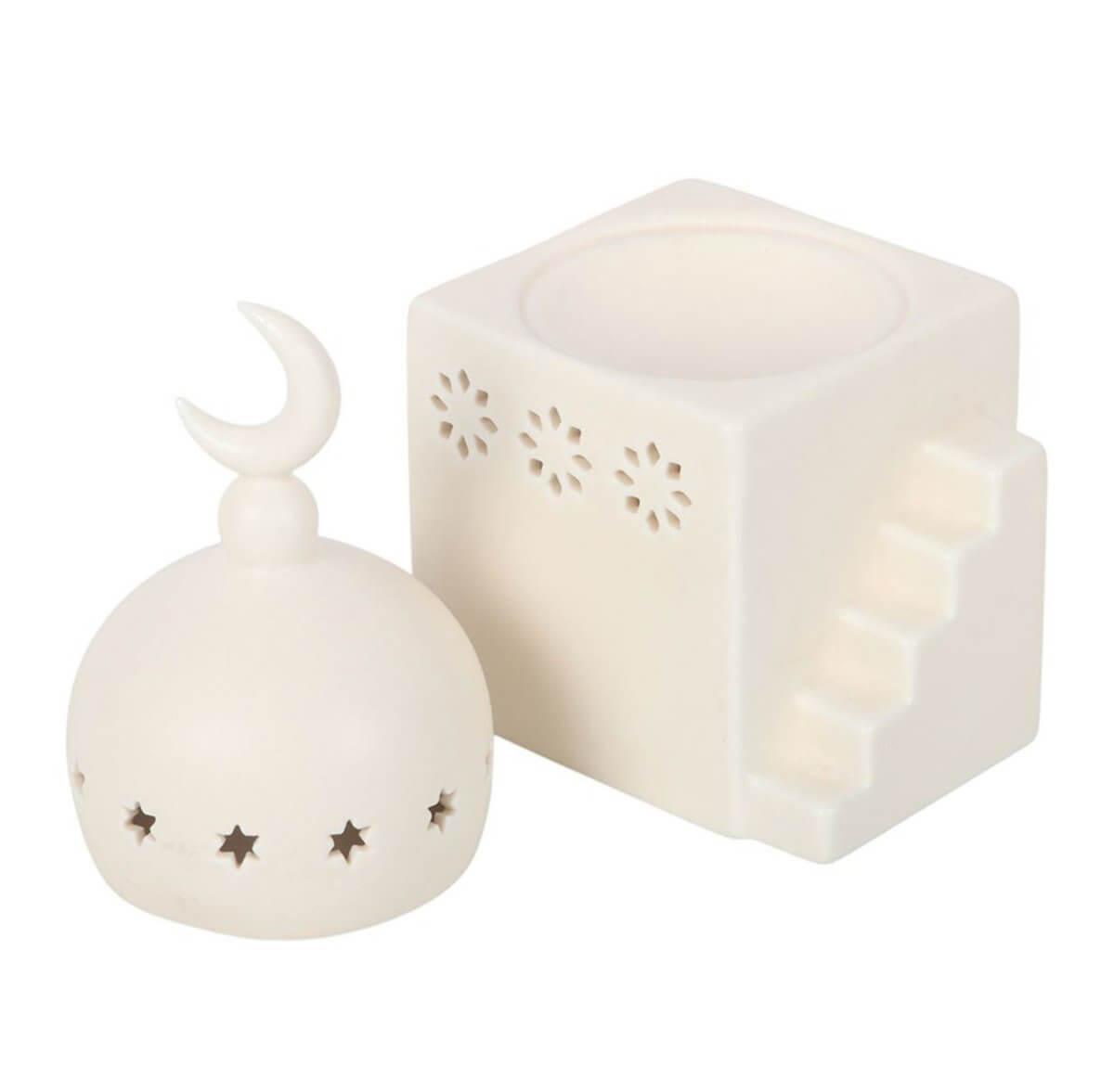 Ceramic Mosque Wax & Oil Burner, one spherical with a moon design and the other square with star designs, on a white background.