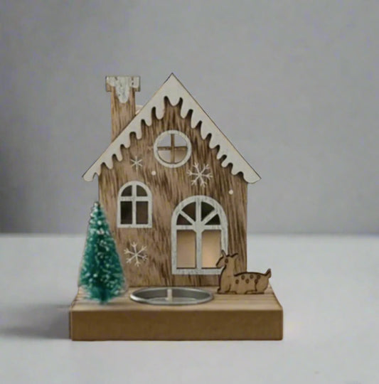 Christmas Wooden House Tea light candle holder Festive Winter decoration - Designs by Inaya