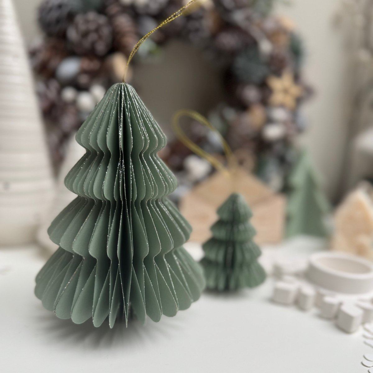 Festive Paper Christmas Tree Decoration Green & Gold - Designs by Inaya