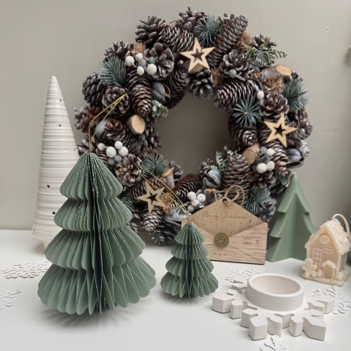 Festive Paper Christmas Tree Decoration Green & Gold - Designs by Inaya