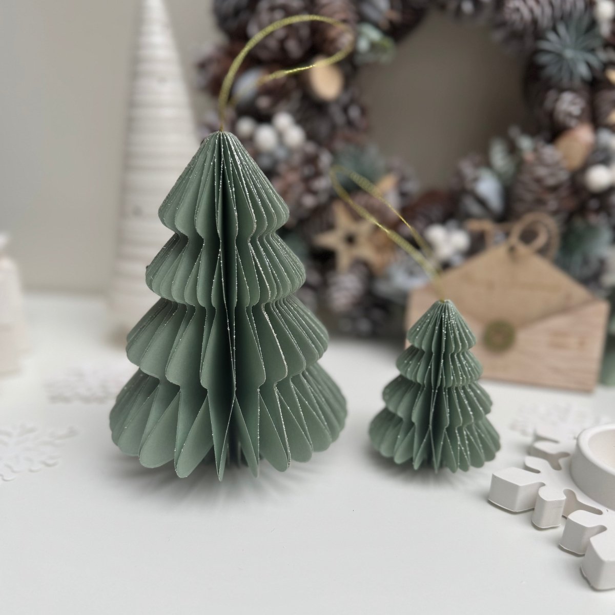 Festive Paper Christmas Tree Decoration Green & Gold - Designs by Inaya