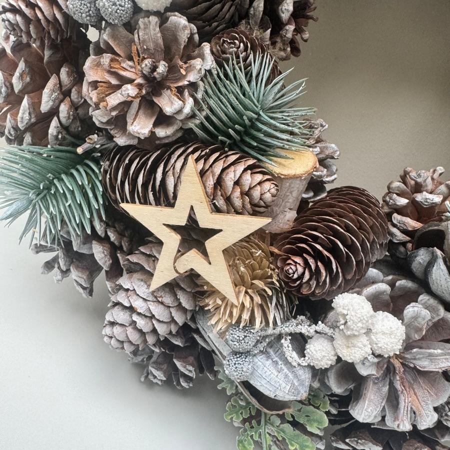 Frosted Woodland Wreath 35cm Christmas Decoration Door Accessory | Natural Wooden Decor - Designs by Inaya