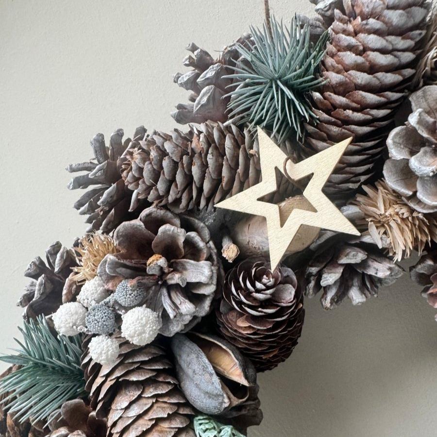 Frosted Woodland Wreath 35cm Christmas Decoration Door Accessory | Natural Wooden Decor - Designs by Inaya