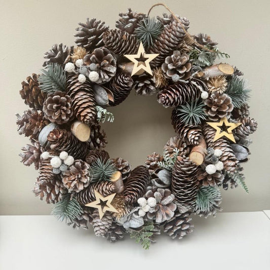 Frosted Woodland Wreath 35cm Christmas Decoration Door Accessory | Natural Wooden Decor - Designs by Inaya