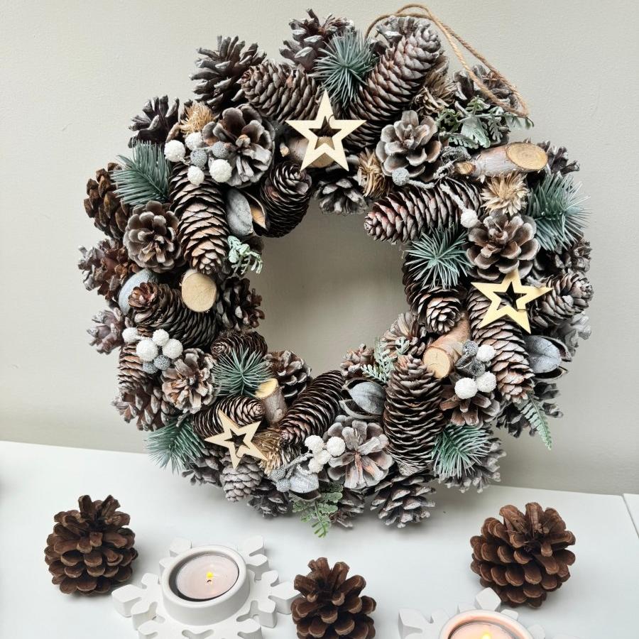 Frosted Woodland Wreath 35cm Christmas Decoration Door Accessory | Natural Wooden Decor - Designs by Inaya