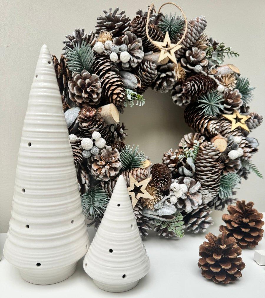 Frosted Woodland Wreath 35cm Christmas Decoration Door Accessory | Natural Wooden Decor - Designs by Inaya