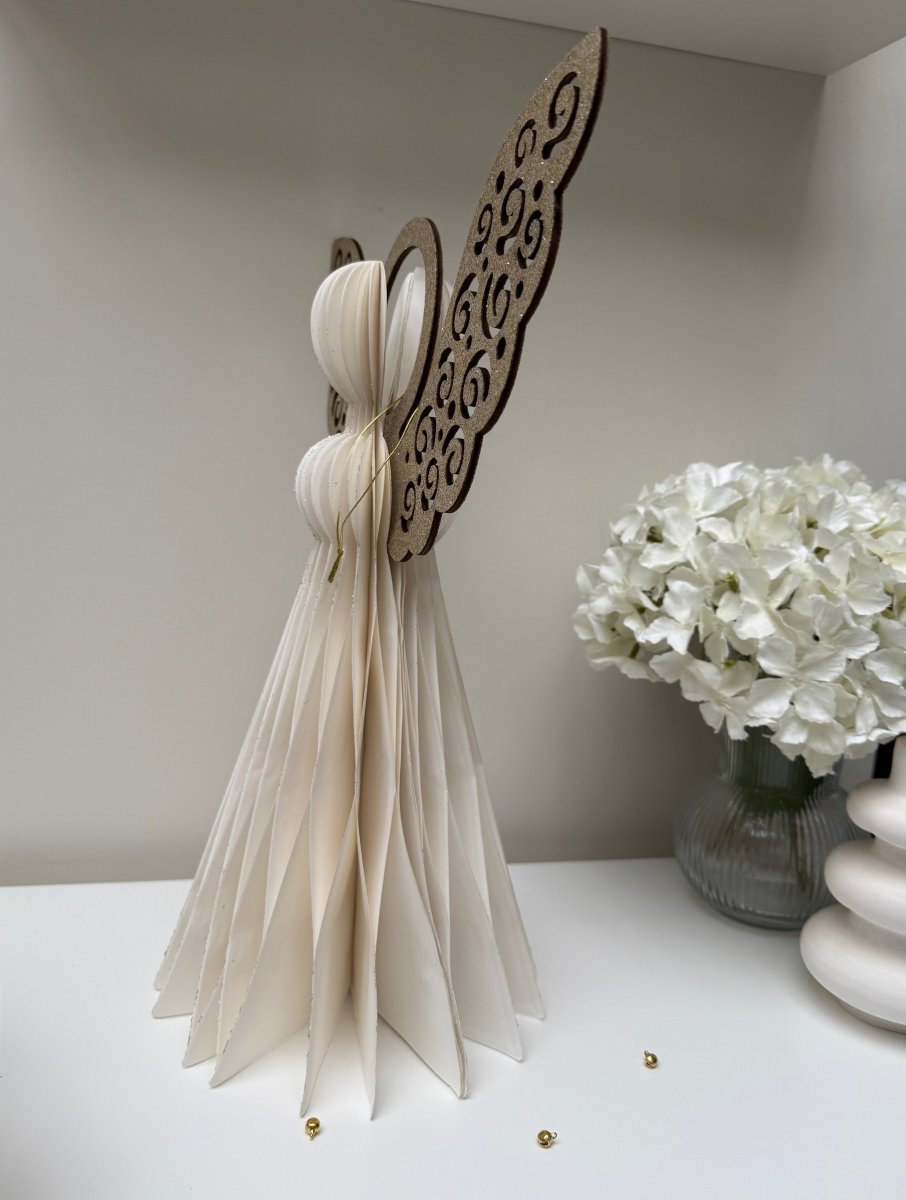 Hanging Paper Angel 40cm Christmas Home Decoration Ivory Gold - Designs by Inaya