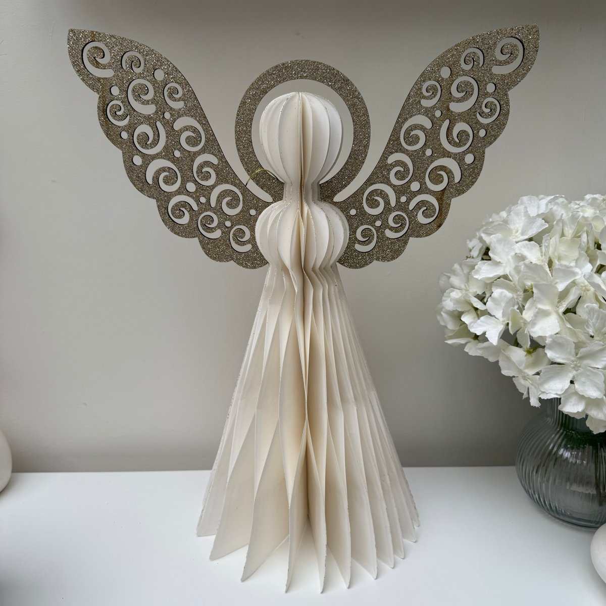Hanging Paper Angel 40cm Christmas Home Decoration Ivory Gold - Designs by Inaya