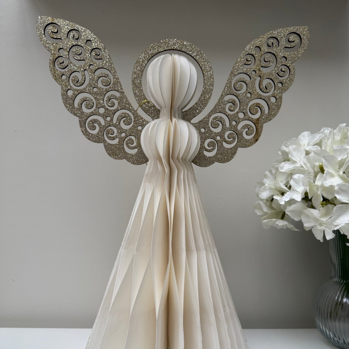 Hanging Paper Angel 40cm Christmas Home Decoration Ivory Gold - Designs by Inaya