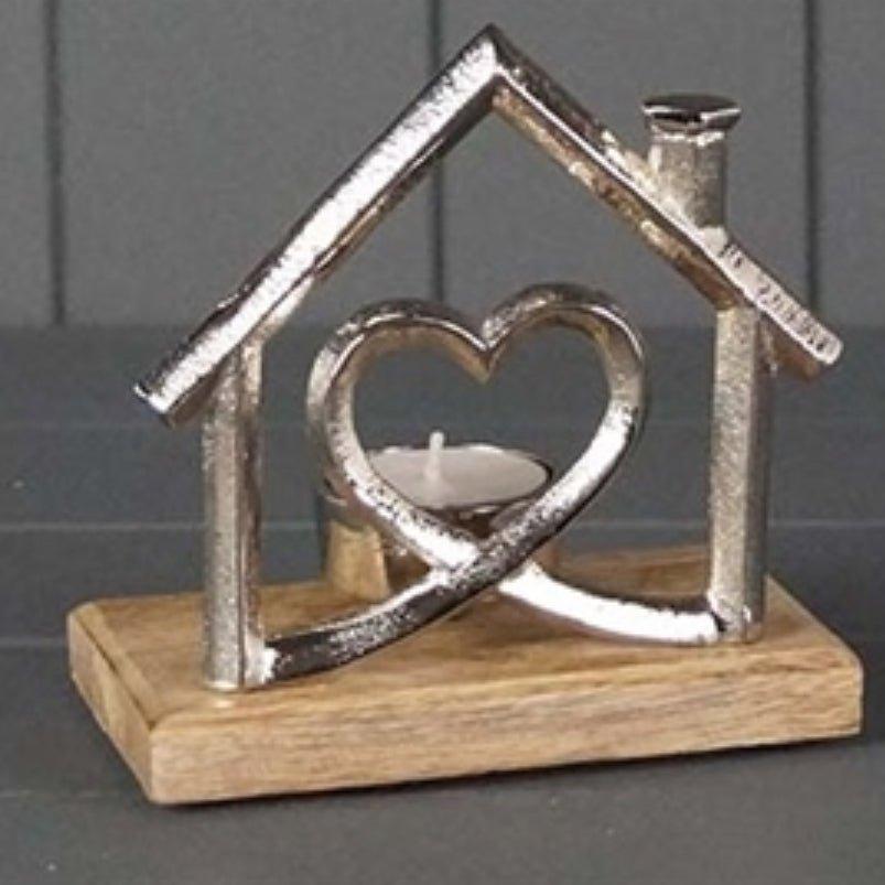 Metal Silver House Tealight Holder - Decorative Wooden Table Ornaments - Designs by Inaya