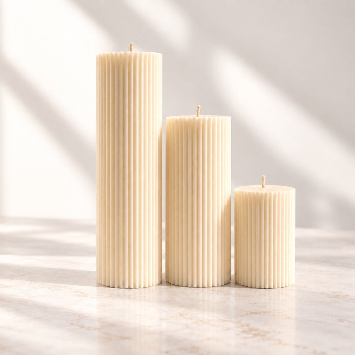 Three ribbed pillar candles in cream-white are arranged by size on a light marble surface with soft window-light shadows.