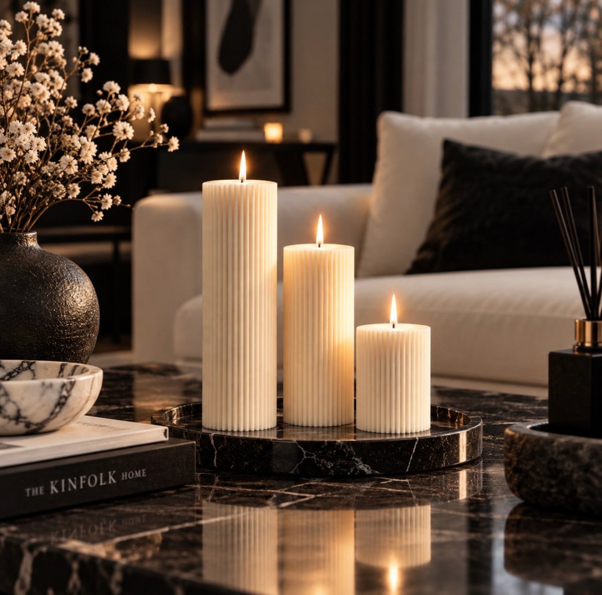 Three lit cream ribbed pillar candles on a black marble tray in a modern living room setting.