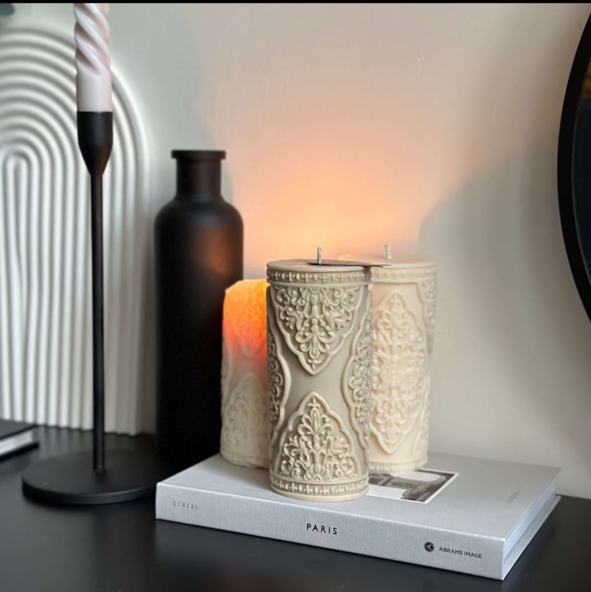 Noor Luxury Pillar Soy Sculpture Candle - Designs by Inaya