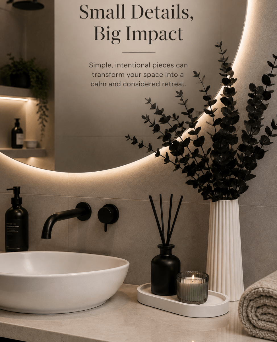 A styled bathroom scene with a white vessel sink, black faucet hardware, a diffuser, candle, towel, and a large mirror with warm LED lighting. Text on the wall reads, 'BATHROOM STYLING Small Details, Big Impact.