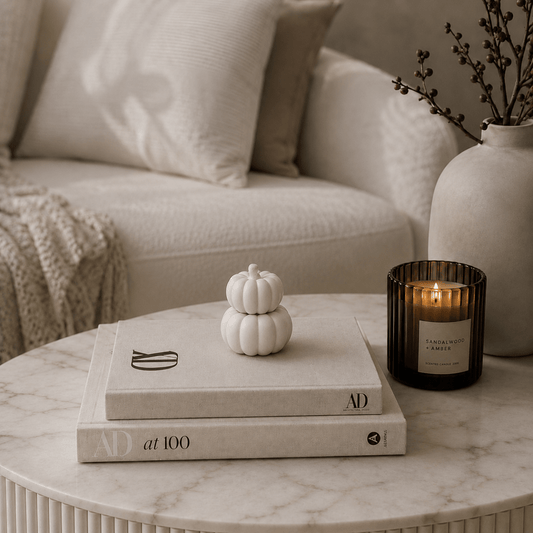 A styled interior scene with a round marble side table holding a stack of books, a small white decorative pumpkin, and a lit amber glass candle. A cream sofa and pillows are blurred in the background, along with a ceramic vase with dried branches.