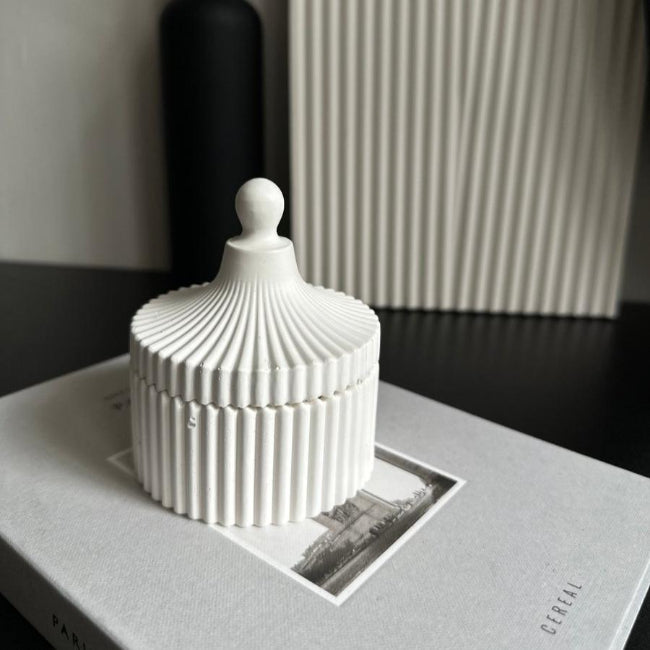 Stone Ribbed Carousel Jar with Lid in neutral tone for jewellery storage and home decor