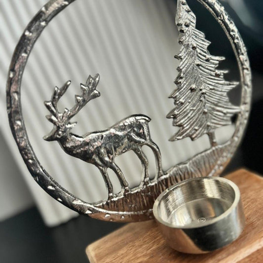 Silver Reindeer Scene Tealight Holder - Designs by Inaya