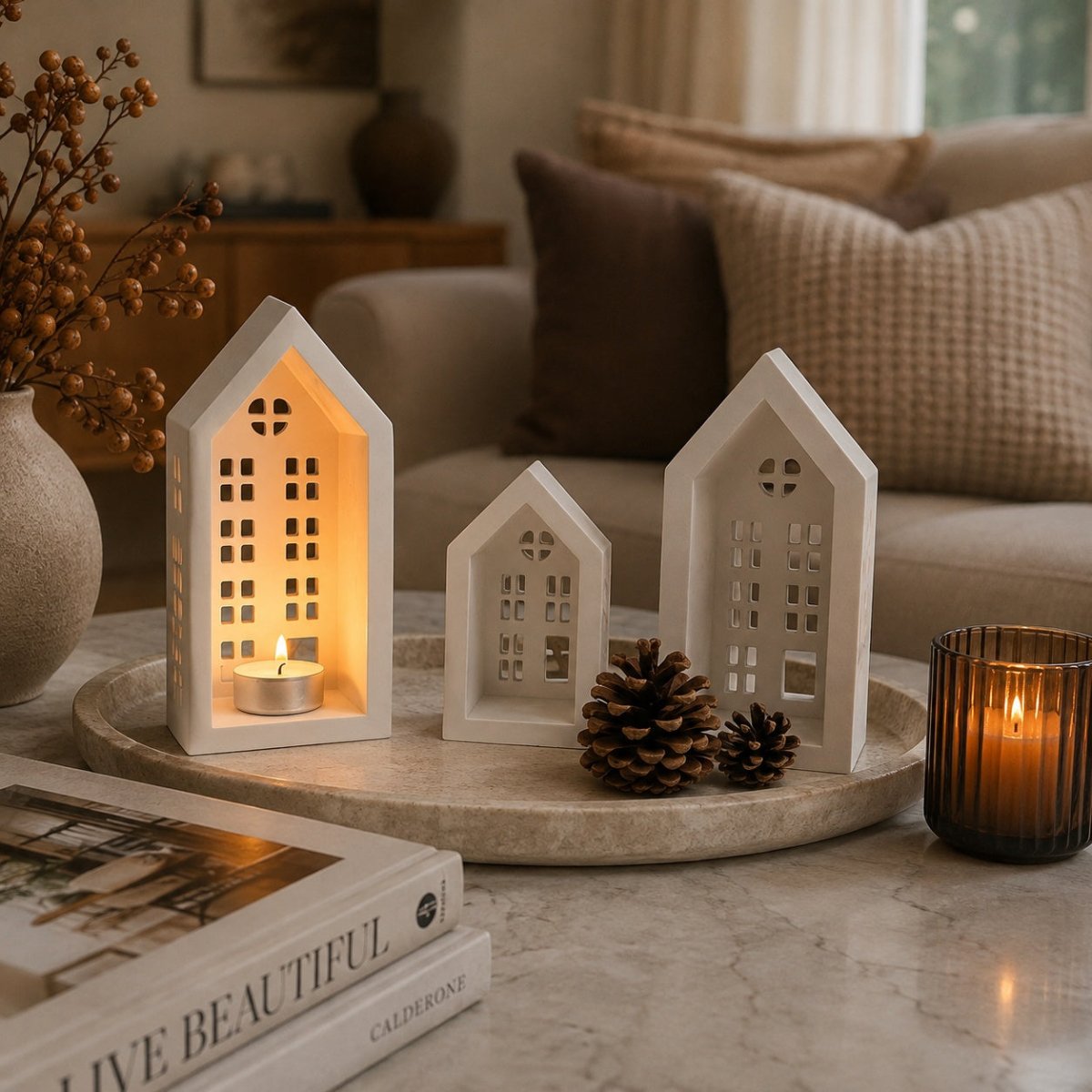 Three white house-shaped stone candle holders with cutout window patterns, arranged on a round stone tray in a cosy autumn living room setting. One of the holders are lit with a warm tea light, and the scene includes pinecones, a dark amber candle, books, and a sofa in the background.