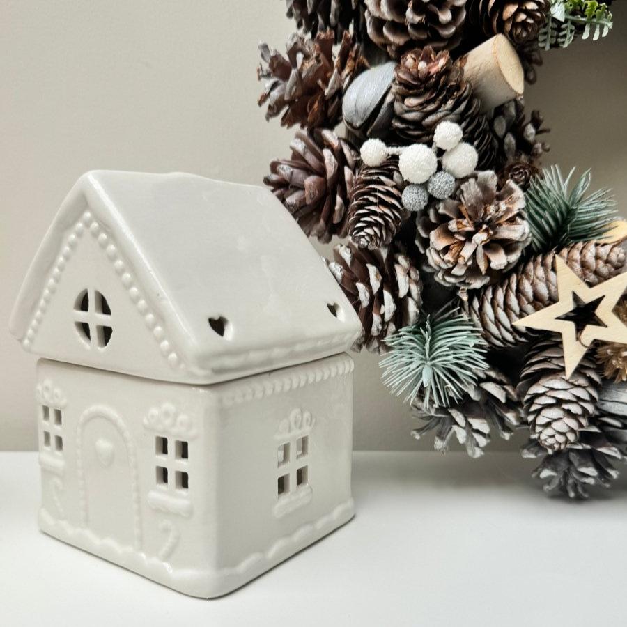 White Gingerbread House Wax Burner Christmas Decor Ceramic Ornaments Decoration - Designs by Inaya