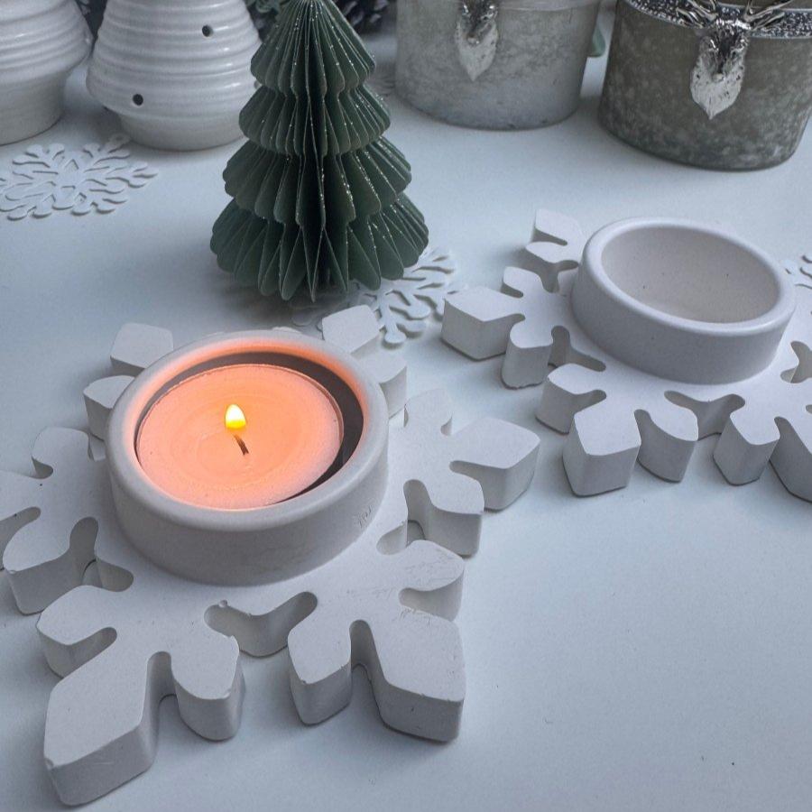 Christmas Winter Snowflake Tealight Candle holder, Hand Crafted Stone Decor Ornaments - Designs by Inaya