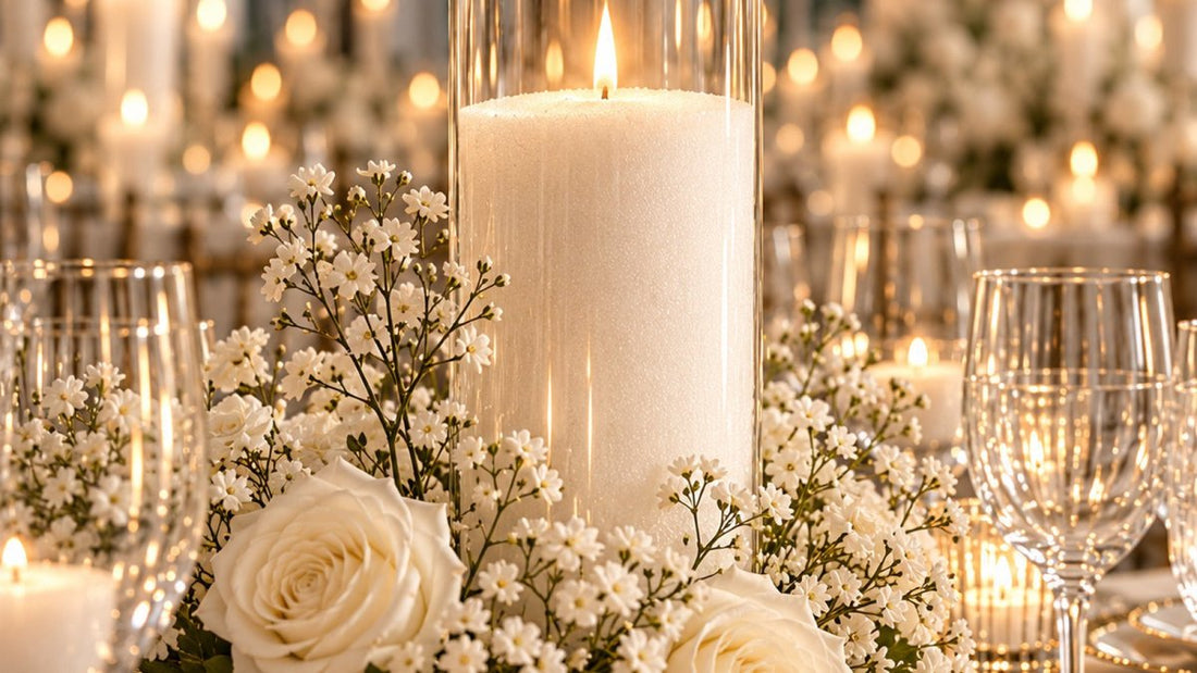     Candle sand wedding centrepiece with glass vessels, white flowers and warm candlelight