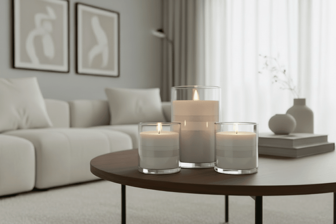 Modern neutral living room with three glass jars filled with candle sand lit on a wooden table 
