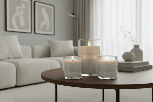Modern neutral living room with three glass jars filled with candle sand lit on a wooden table 