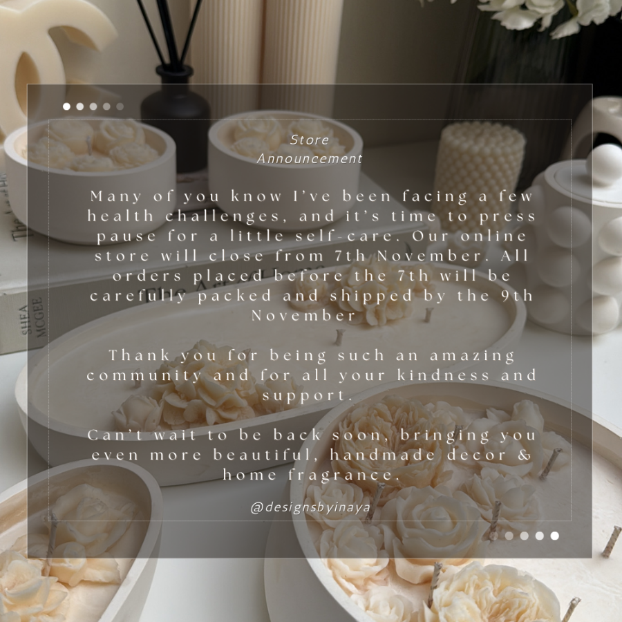 Store announcement overlay on a blurred background of decorative items.