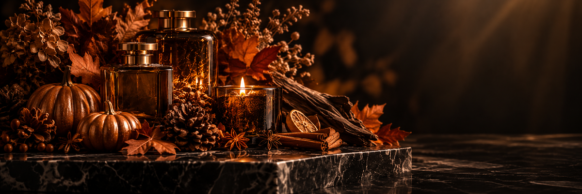 A styled autumn tabletop scene with amber glass bottles, a lit candle, cinnamon sticks, pinecones, dried leaves, and small decorative pumpkins on a dark marble surface, with a dark blurred background and warm light rays.