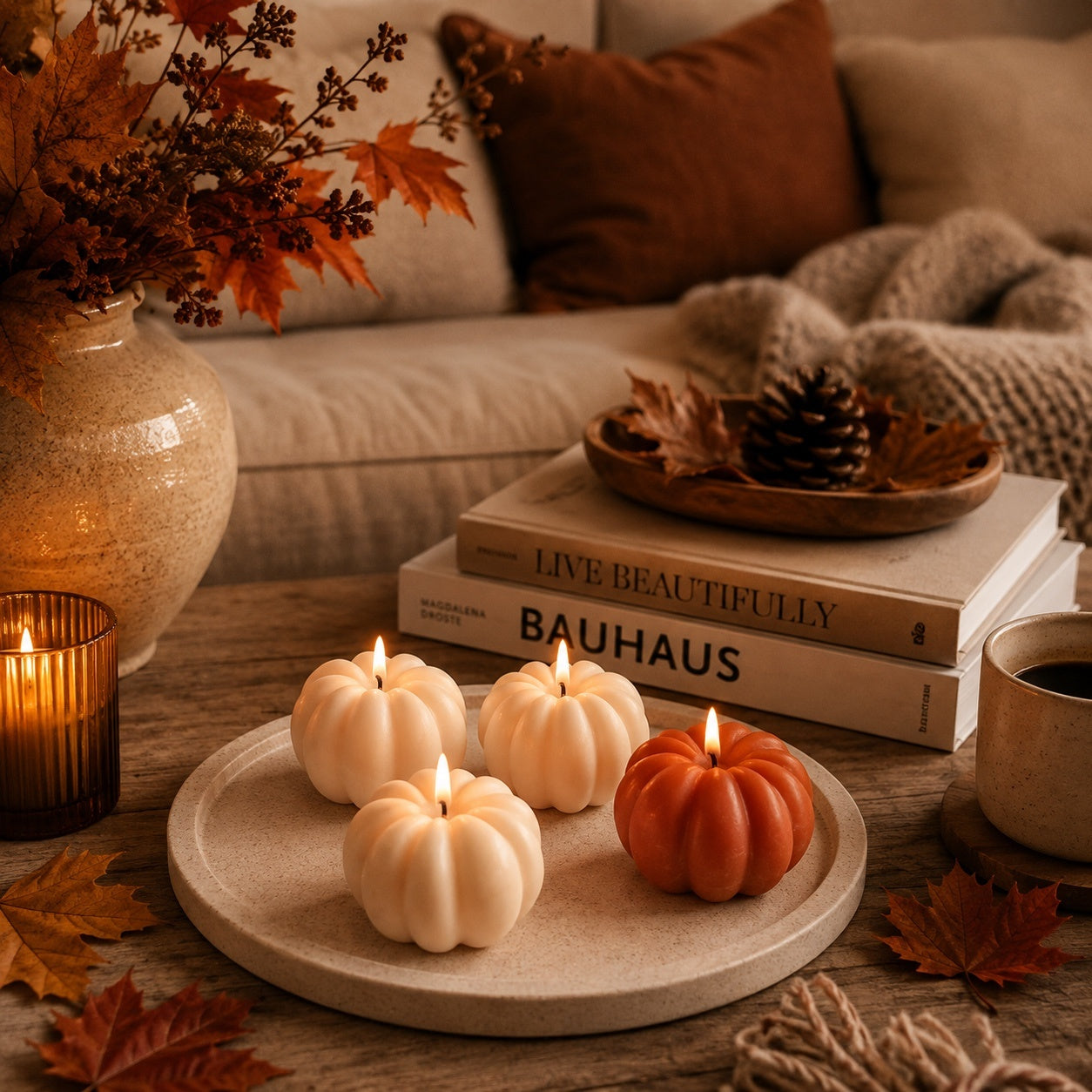 Four decorative pumpkin-shaped soy wax sculpture candles, including three cream-coloured ones and one orange one, arranged on a round stone tray on a wooden table. The scene is styled with autumn leaves, a lit candle in a dark glass holder, a ceramic vase with dried leaves, a stack of books including one titled 'BAUHAUS', and a cozy sofa in the background.