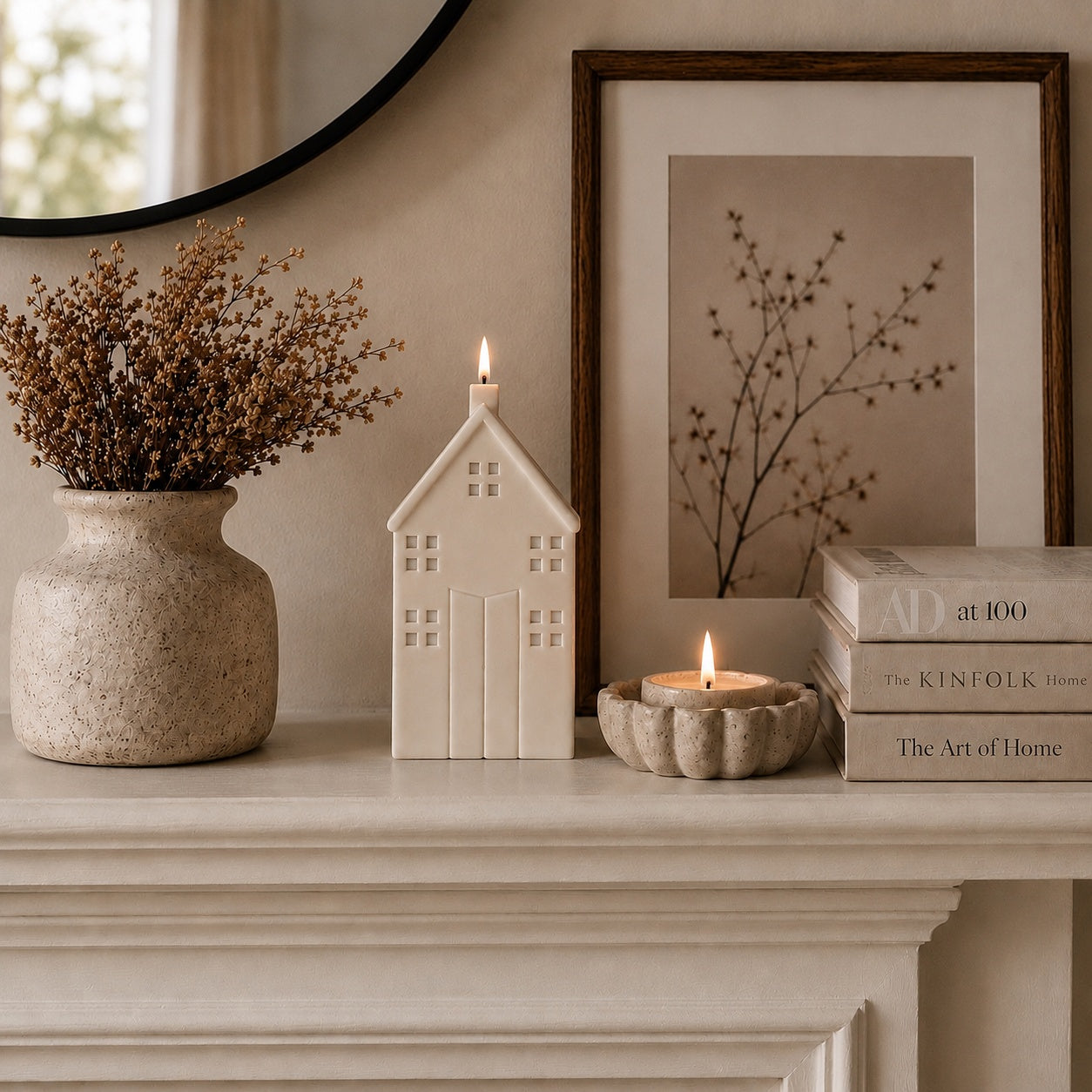 A styled interior scene showing a cream-coloured house-shaped lit sculpture candle, next to a small stone candle holder with a lit candle, on a mantelpiece. A textured vase with dried flowers and a framed botanical print are also visible against a beige wall.