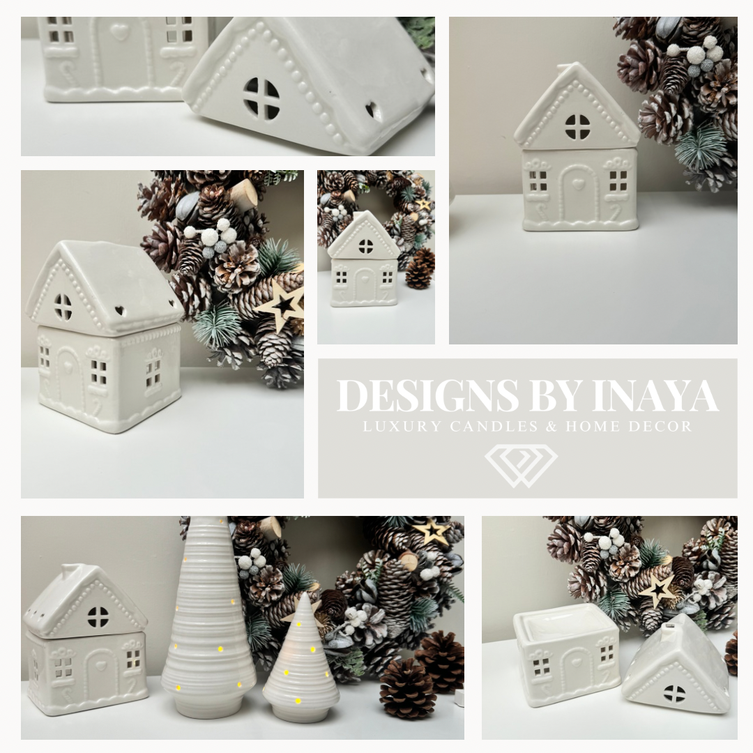 White Gingerbread House Wax Burner Christmas Decor Ceramic Ornaments Decoration - Designs by Inaya