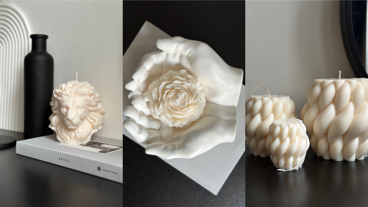 Lion, Peony and twirl sculpture candle set