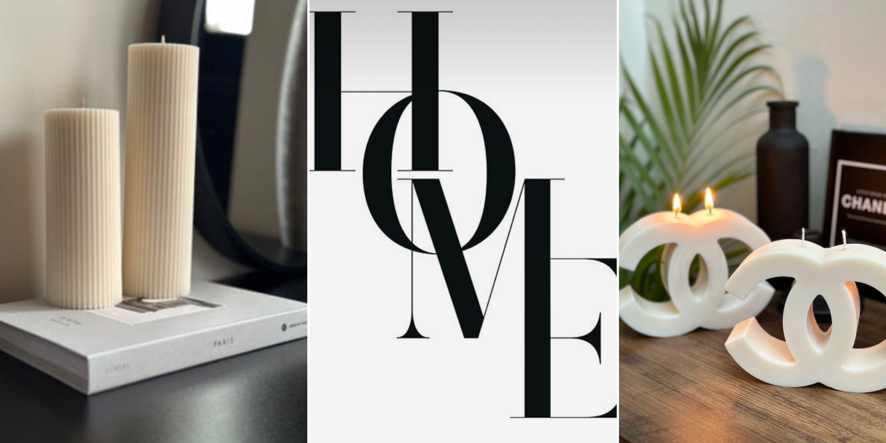 Photo collage minimalist pillar candle set of two, Black and white home picture and large logo sculpture candles