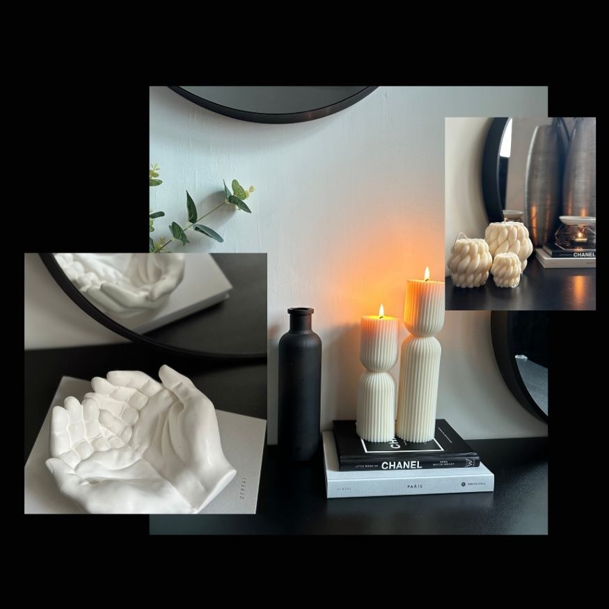 Photo collage of stone hands, Sculpture pillar candle set and twirl candle set