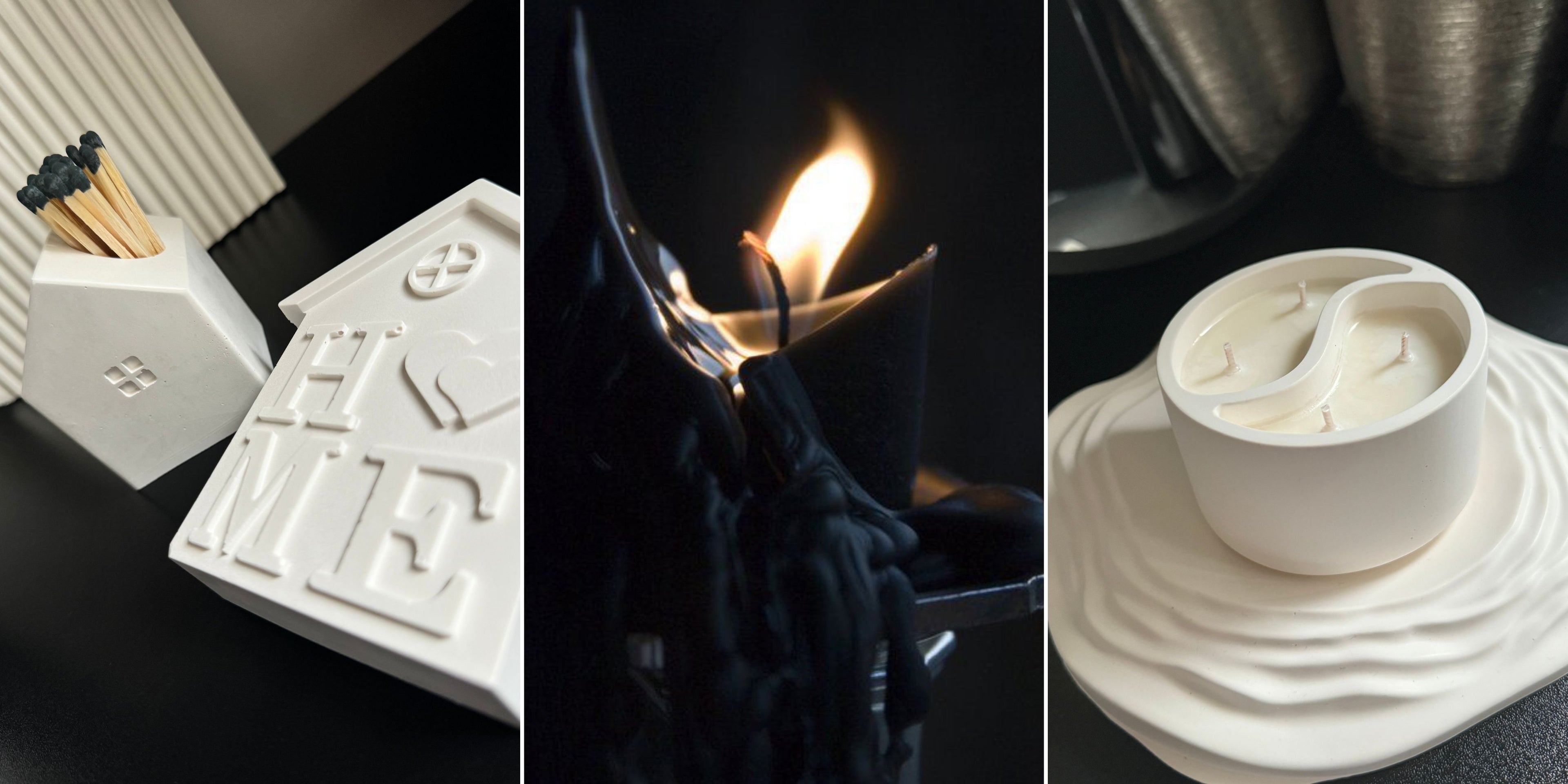 White Stone home sculpture decor, a Black lit candle with wax dripping and whit stone container candle 