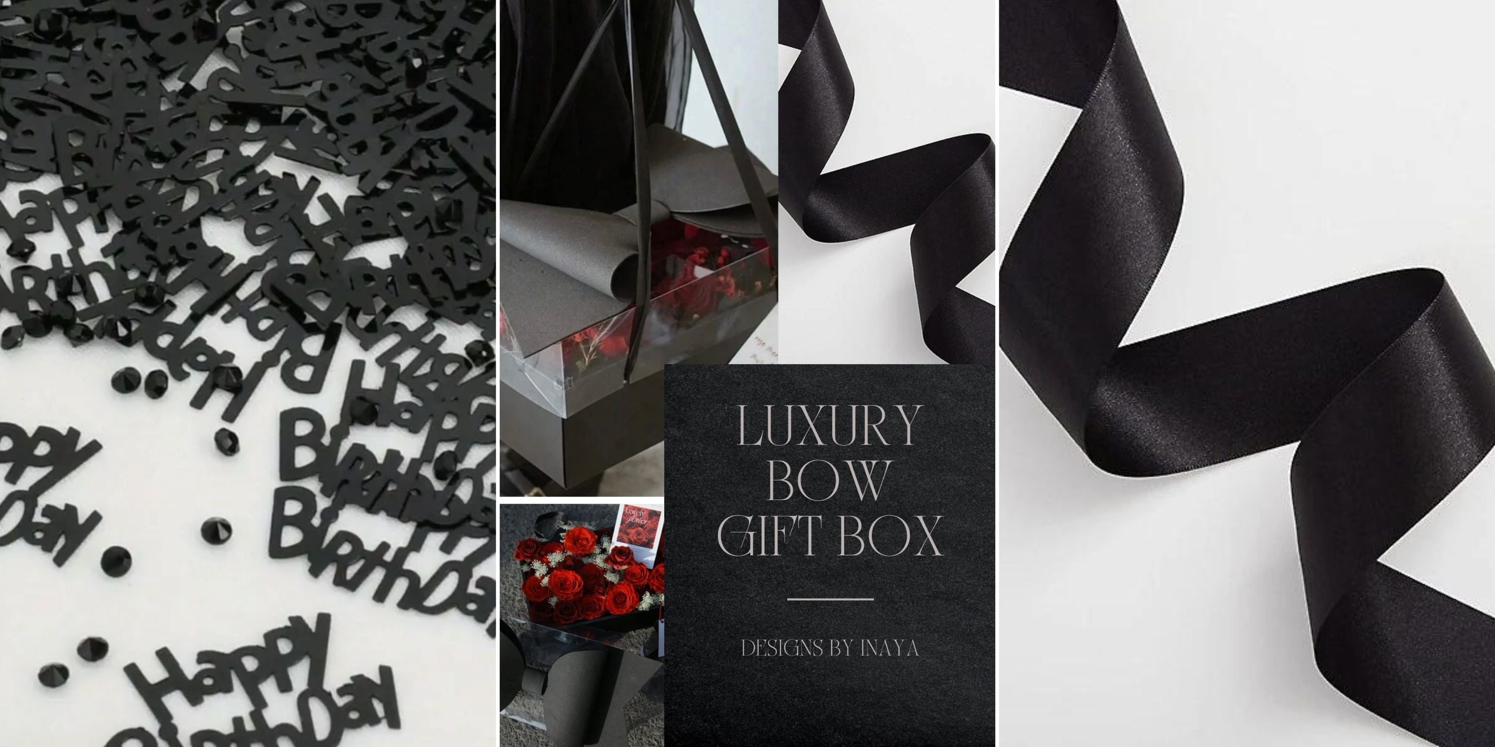 Photo collage showing happy birthday confetti in black, Luxury bow gift box and black satin ribbon