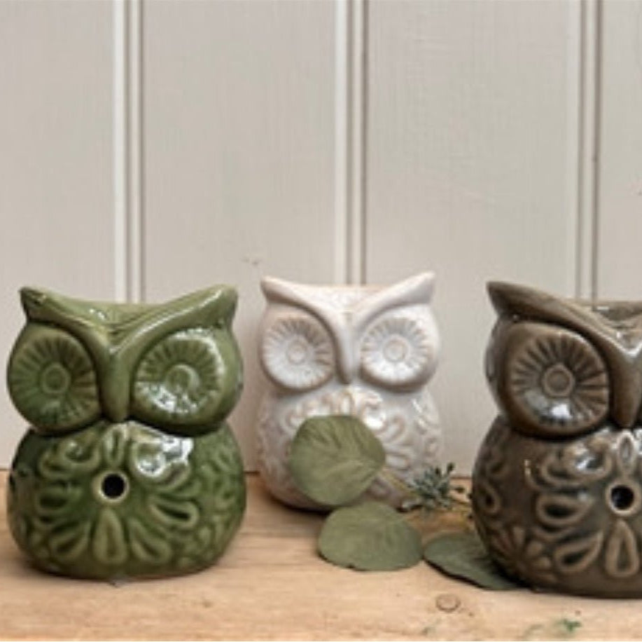 Three ceramic owl wax burners in green, white, and brown on a wooden surface with a white panelled wall background.