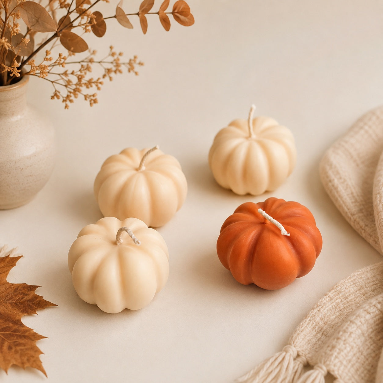 Four pumpkin-shaped candles in cream and orange shades arranged on a warm beige surface with dried leaves, a ceramic vase, and a knitted scarf.