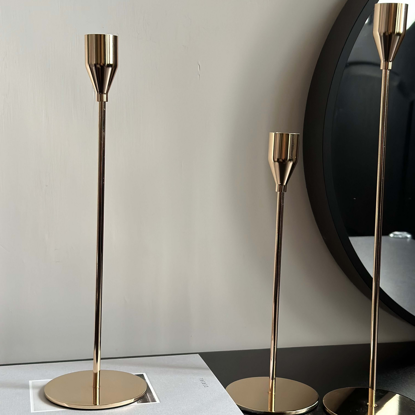 Gold Contemporary Taper Candle Stands set of 3 - Designs by Inaya