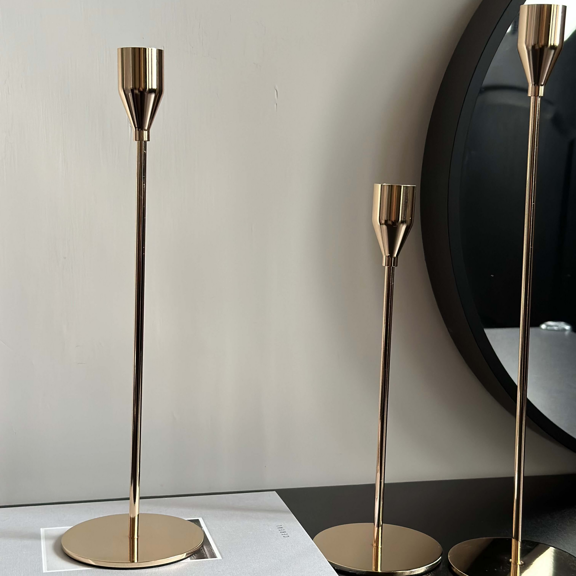 Gold Contemporary Taper Candle Stands set of 3 - Designs by Inaya