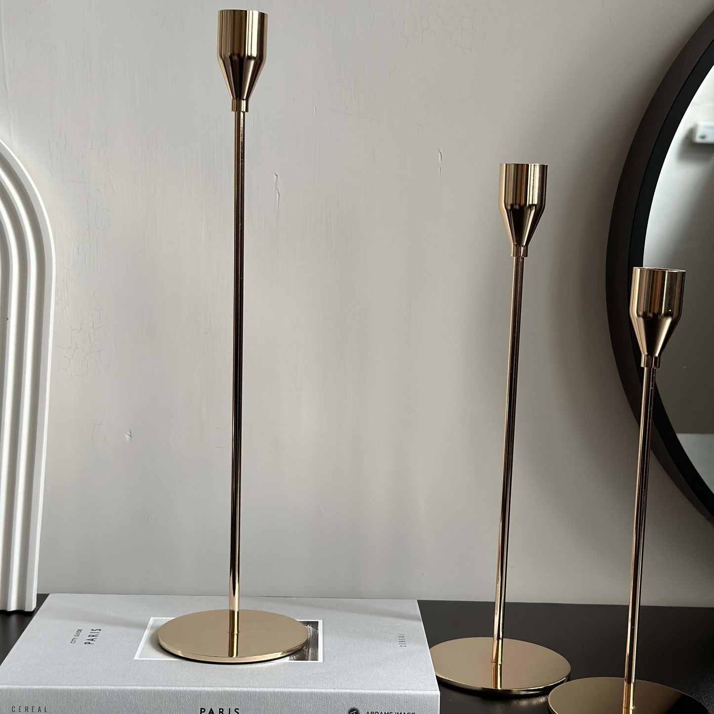 Gold Contemporary Taper Candle Stands set of 3 - Designs by Inaya