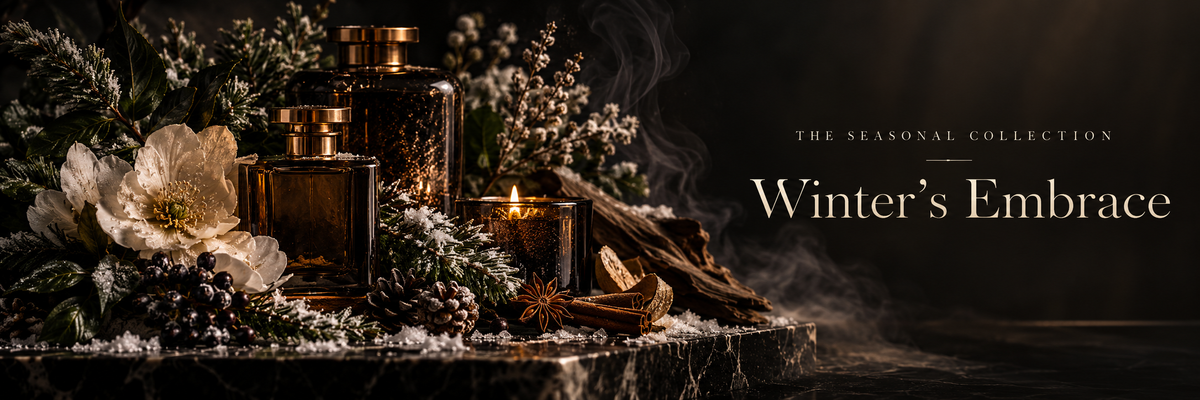 A dark, atmospheric product display for a winter fragrance collection. Several amber glass perfume bottles with gold caps are arranged with evergreen branches, white flowers, a lit candle, and dried botanicals on a snowy surface.