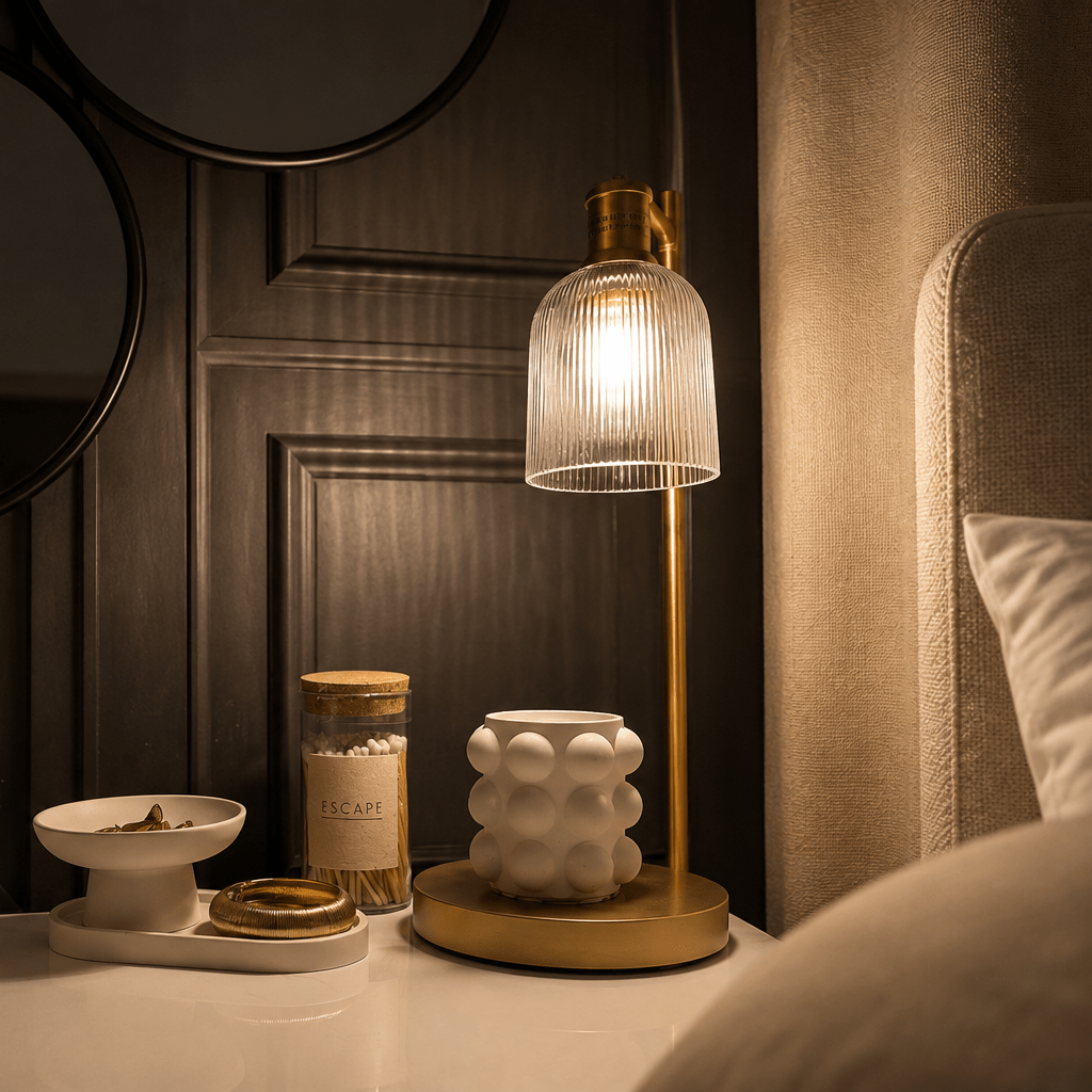 A warm, moody bedside scene featuring a brass table lamp with a ribbed glass shade, styled on a white nightstand alongside ceramic decor and a jar, set against a dark wood-paneled wall with mirrors.