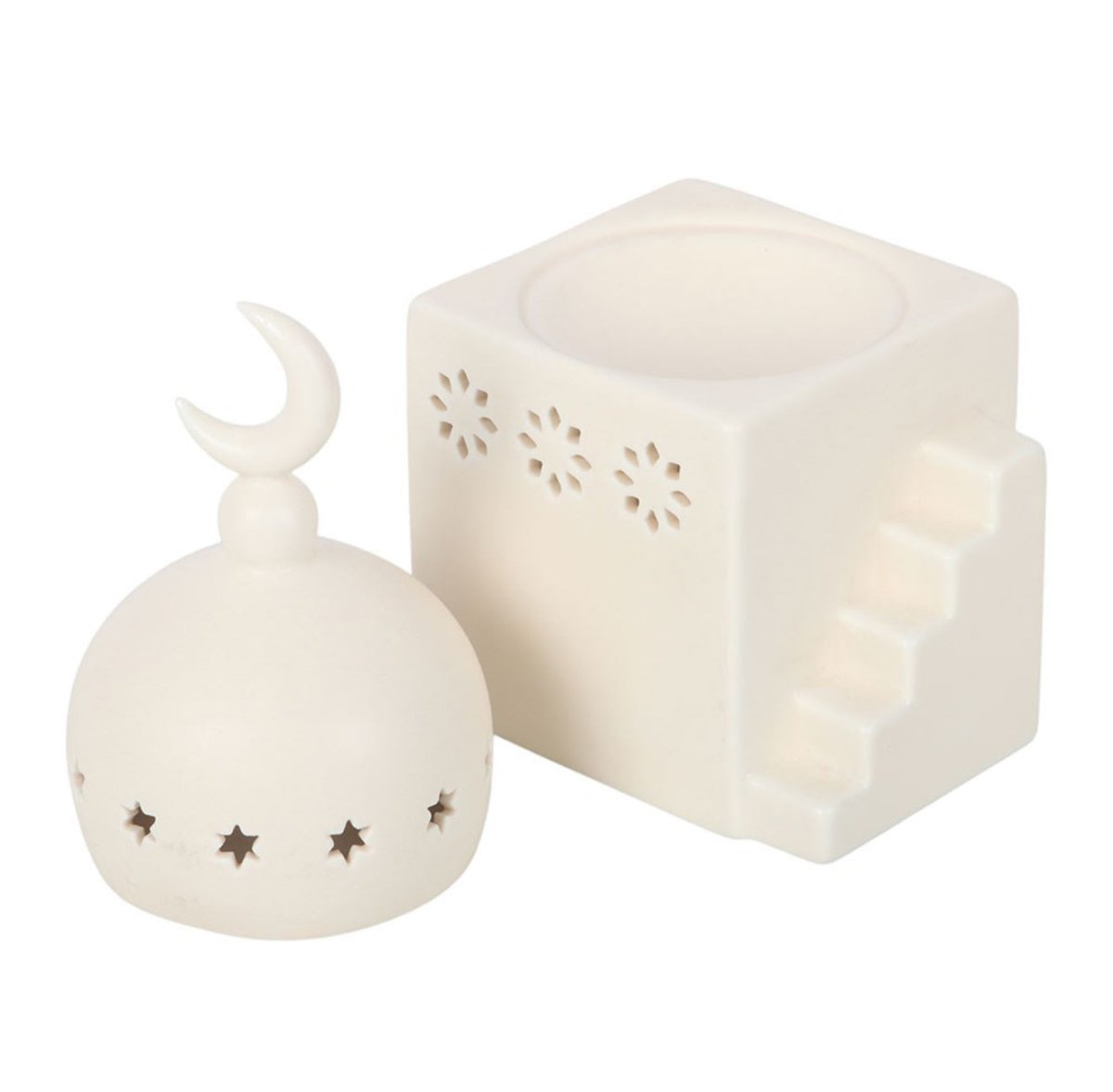 Two white ceramic lanterns, one spherical with a moon design and the other square with star designs, on a white background.