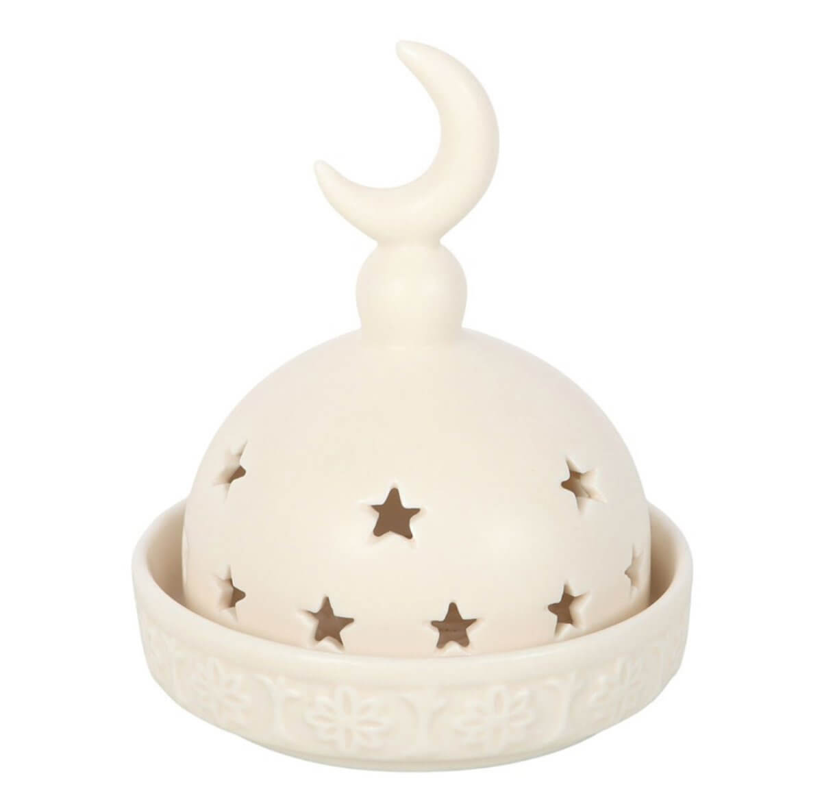 Decorative incense burner with a moon and star design on a white background