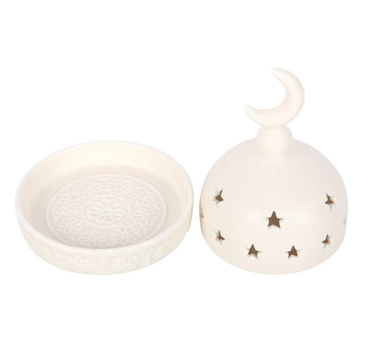 Two ceramic items on a white background, one with star patterns and a crescent moon, the other plain.