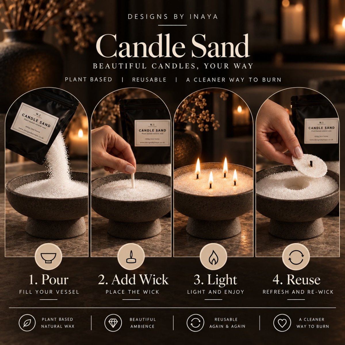 Promotional graphic for Candle Sand reusable natural wax candles by Designs by Inaya, showing four steps: pouring the white candle sand wax, adding a wick, lighting a three-wick candle, and reusing the wax disc. The background is dark and atmospheric with warm candlelight.