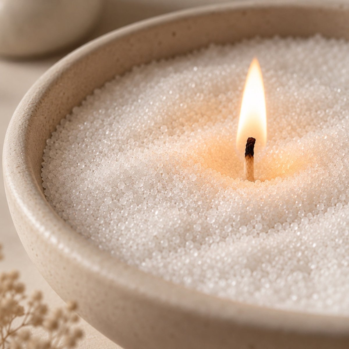 A close-up of a lit candle sand granules in a round beige stone bowl, with a small flame burning at the center.