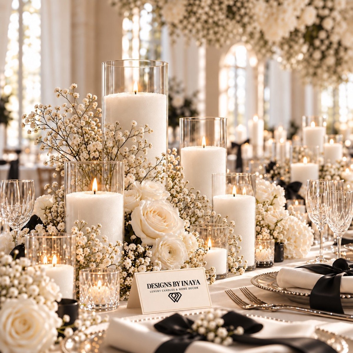 A beautifully styled wedding reception table centrepiece featuring white candle sand in clear glass holders, white roses, baby's breath, and black ribbon accents, with a place card reading 'DESIGNS BY INAYA'.